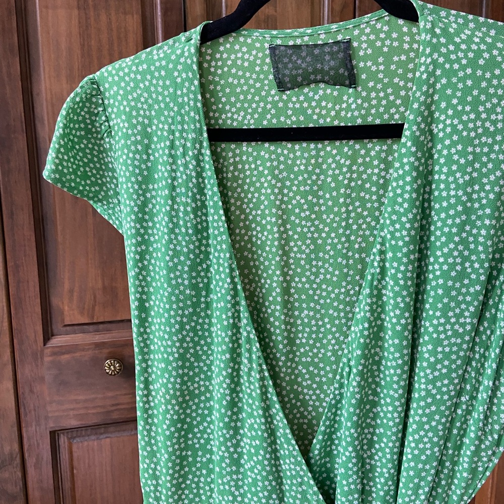 Reformation Green Wrap Polka Dot Mini Dress - Picture 5 of 7
